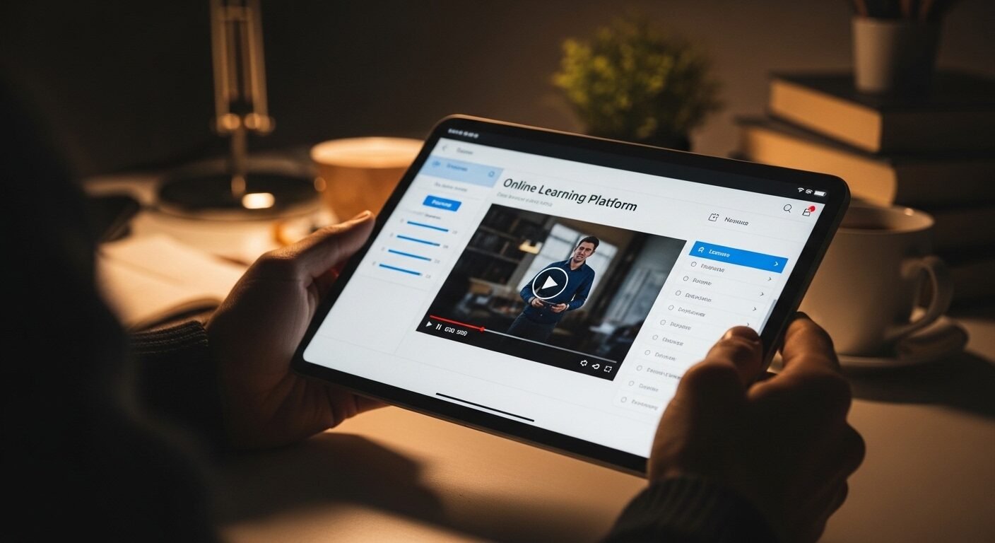 Đôi tay đang cầm máy tính bảng, xem khóa học trực tuyến về 