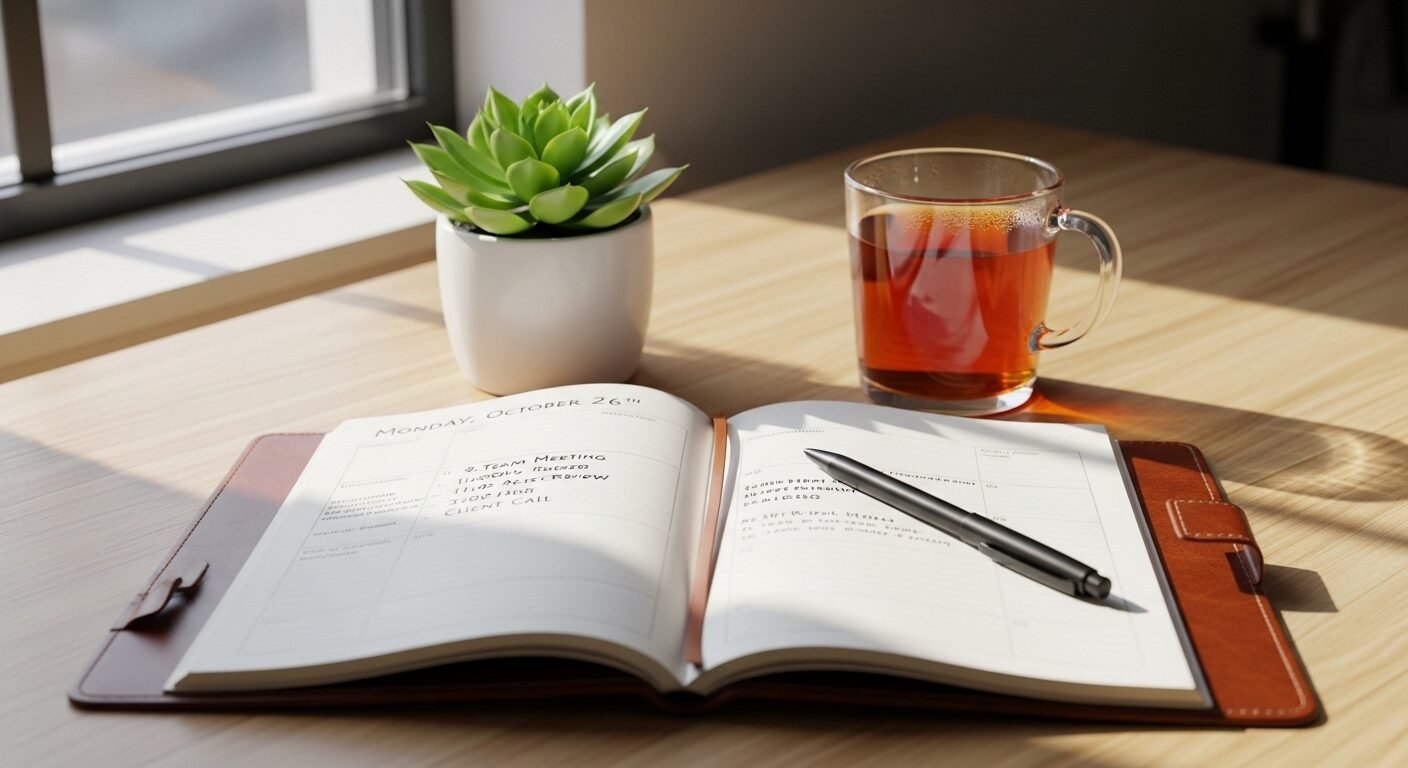 Bàn làm việc gỗ gọn gàng dưới ánh sáng tự nhiên, với sổ kế hoạch, bút, cây mọng nước và trà thảo mộc, minh họa cách thực hiện Work-life balance là gì.