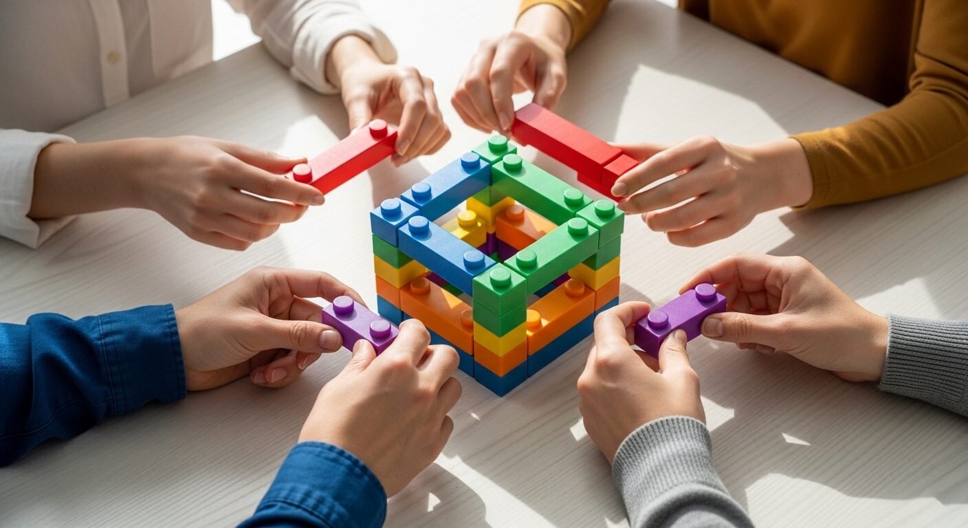 Nhiều bàn tay đang chung tay xây dựng một cấu trúc vững chắc bằng các khối, minh họa sức mạnh của kỹ năng mềm trong làm việc nhóm và đạt được mục tiêu chung. Nhiều bàn tay đang chung tay xây dựng một cấu trúc vững chắc bằng các khối, minh họa sức mạnh của kỹ năng mềm trong làm việc nhóm và đạt được mục tiêu chung.