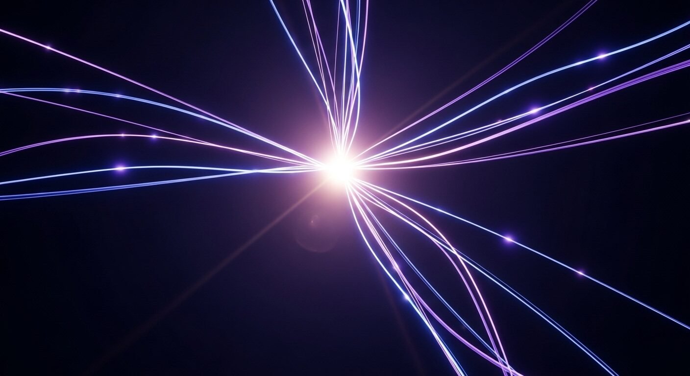 Hình ảnh trừu tượng các luồng sáng xanh tím hội tụ, tượng trưng cho giao tiếp hiệu quả và sự kết hợp ý tưởng đa dạng nhờ kỹ năng làm việc nhóm.