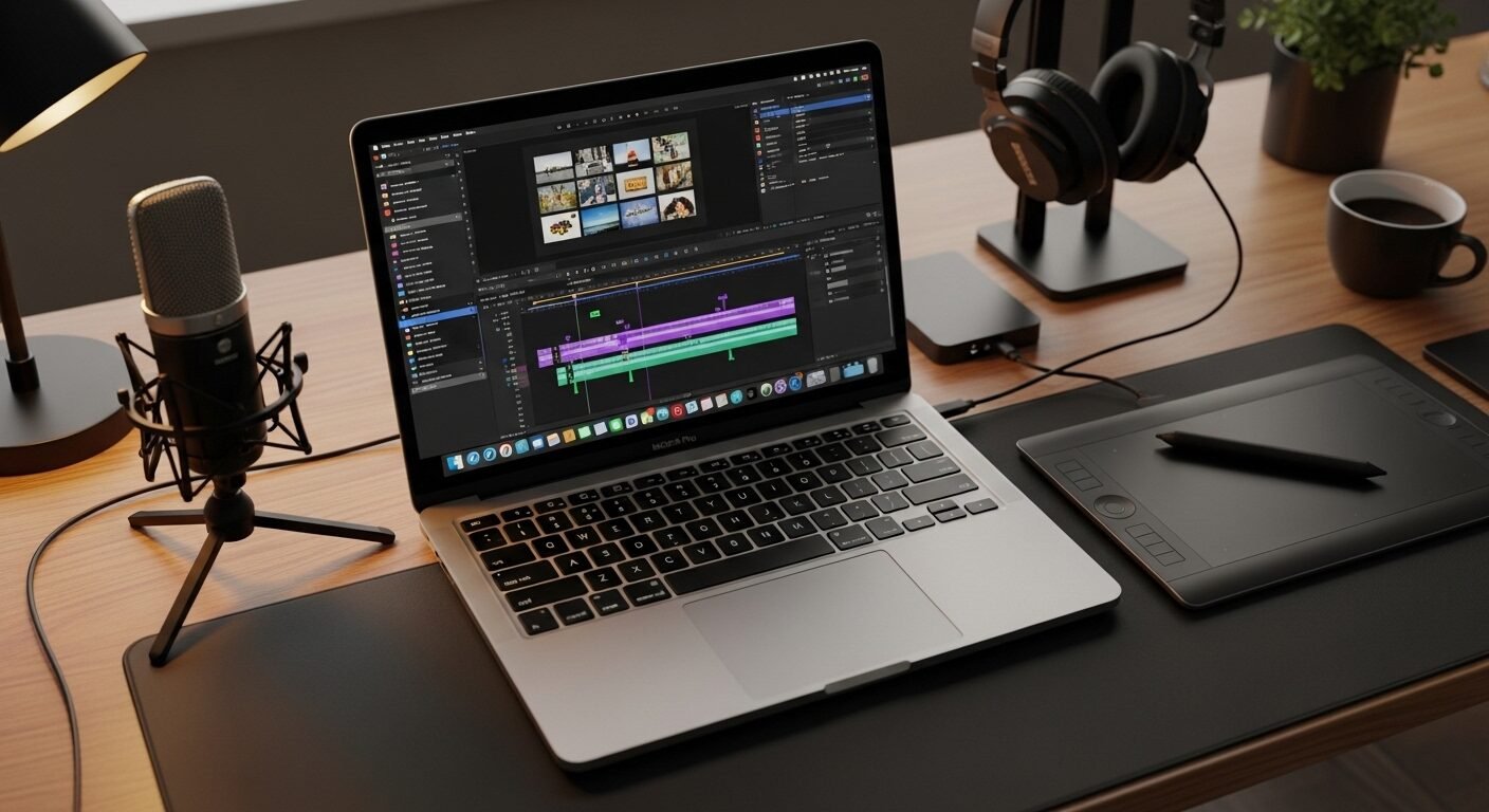 laptop với timeline chỉnh sửa video nhiều màu sắc, micro chuyên nghiệp và bảng vẽ đồ họa. Hình ảnh này giúp bạn hình dung Gen Z là gì qua môi trường làm việc đặc trưng của họ. laptop với timeline chỉnh sửa video nhiều màu sắc, micro chuyên nghiệp và bảng vẽ đồ họa. Hình ảnh này giúp bạn hình dung Gen Z là gì qua môi trường làm việc đặc trưng của họ.