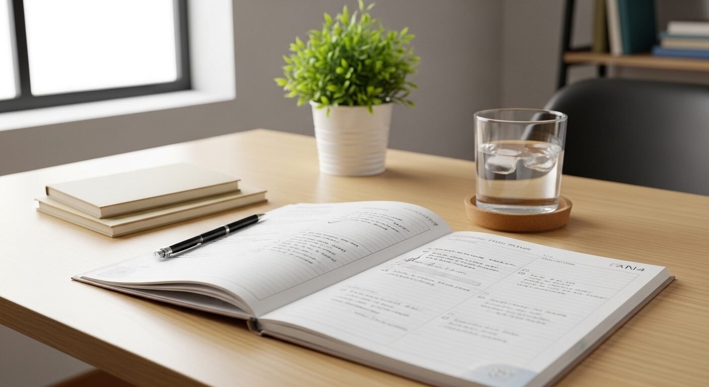 Bàn học ngăn nắp với kế hoạch ôn luyện chi tiết, thể hiện sự chuẩn bị sẵn sàng cho mục tiêu học thuật và việc quy đổi điểm IELTS Đại học Hà Nội.