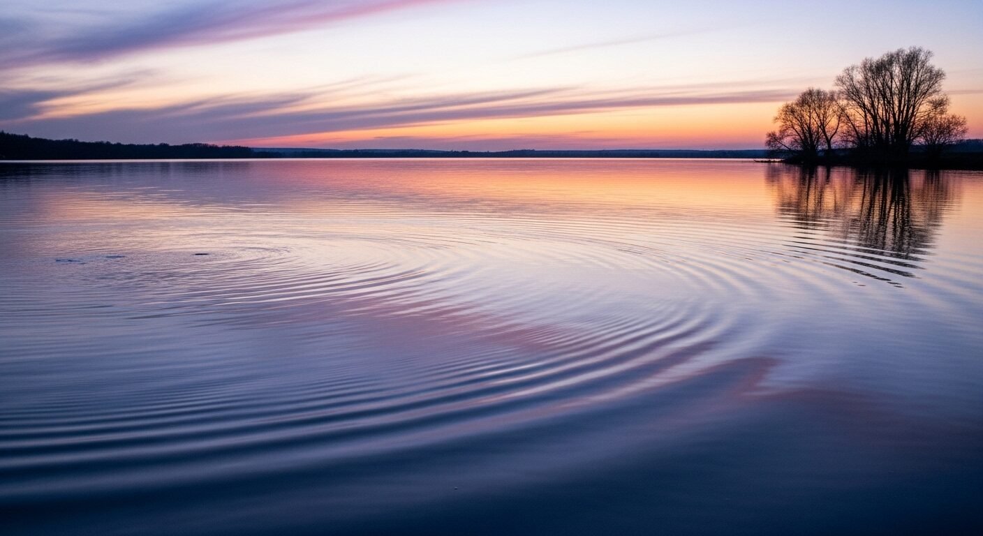 Mặt nước sâu lặng phản chiếu hoàng hôn pastel dịu nhẹ với gợn sóng nhỏ, khơi gợi sự chiêm nghiệm về tính cách và nghề nghiệp phù hợp với cung hoàng đạo. Mặt nước sâu lặng phản chiếu hoàng hôn pastel dịu nhẹ với gợn sóng nhỏ, khơi gợi sự chiêm nghiệm về tính cách và nghề nghiệp phù hợp với cung hoàng đạo.