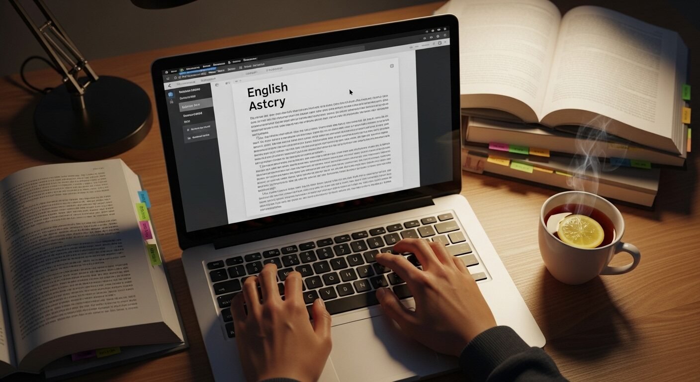 Cận cảnh sinh viên đang soạn thảo bài viết tiếng Anh trên laptop, một công việc part time lý tưởng cho sinh viên sử dụng tiếng Anh.