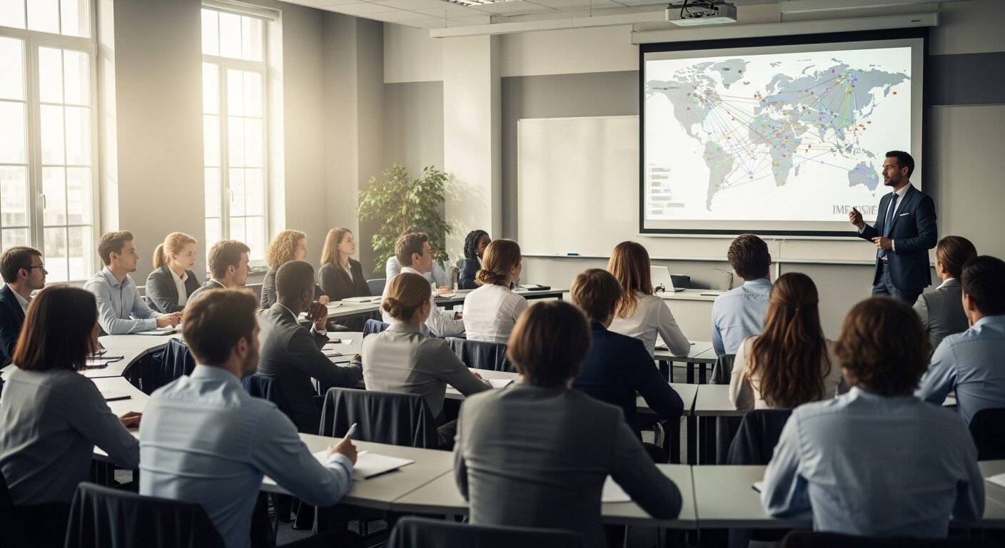 Lớp học đại học về kinh tế quốc tế với sinh viên chăm chú ghi chép, màn hình chiếu biểu đồ thương mại toàn cầu và ánh sáng tự nhiên ngập tràn. Nơi ươm mầm các cán bộ ngoại giao tương lai. Lớp học đại học về kinh tế quốc tế với sinh viên chăm chú ghi chép, màn hình chiếu biểu đồ thương mại toàn cầu và ánh sáng tự nhiên ngập tràn. Nơi ươm mầm các cán bộ ngoại giao tương lai.