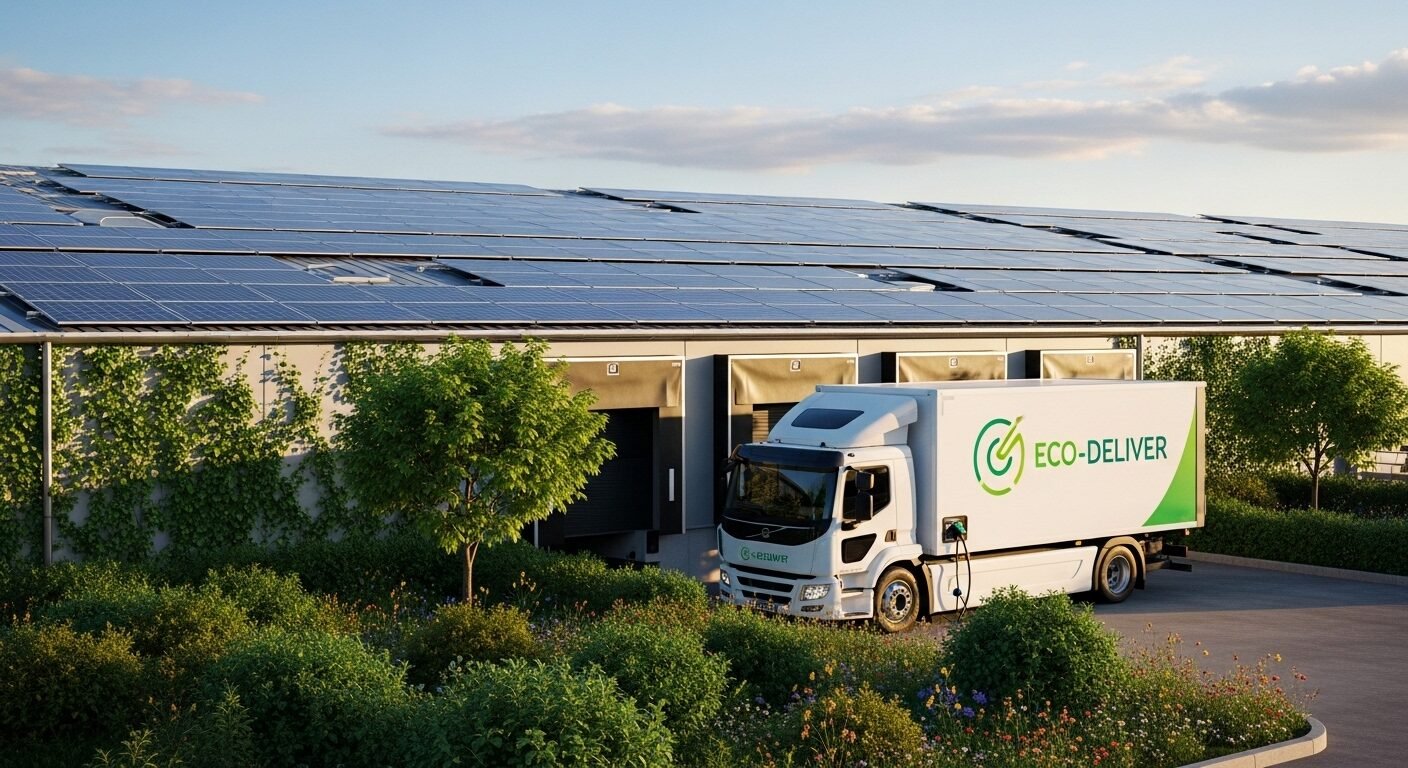 Xe tải điện hiện đại đậu tại bến xếp dỡ, nhà kho với mái pin mặt trời và cảnh quan xanh, minh họa thực hành bền vững của một công ty logistics tại Việt Nam.