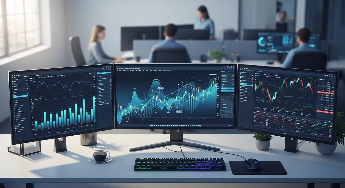 Màn hình hiện đại hiển thị biểu đồ tài chính phức tạp, tượng trưng cho sự đổi mới và môi trường làm việc hàng đầu tại ngân hàng có môi trường làm việc tốt nhất.