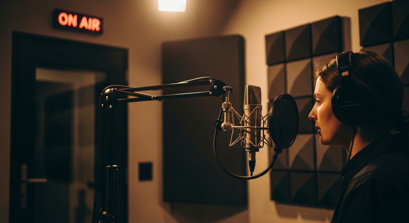 Cộng tác viên báo chí đang thu âm chuyên nghiệp trong phòng thu cách âm, sử dụng micro và tai nghe.