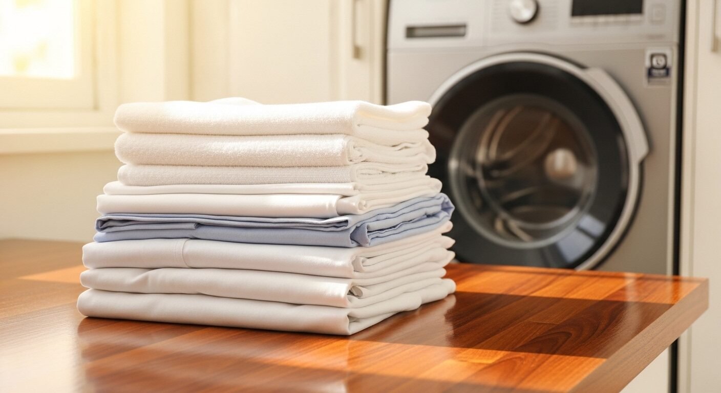 Chồng quần áo trắng gấp gọn trên mặt gỗ bóng, máy giặt sạch. Khu vực giặt ủi ngăn nắp này minh họa sự hiệu quả khi tìm người giúp việc chuyên nghiệp. Chồng quần áo trắng gấp gọn trên mặt gỗ bóng, máy giặt sạch. Khu vực giặt ủi ngăn nắp này minh họa sự hiệu quả khi tìm người giúp việc chuyên nghiệp.