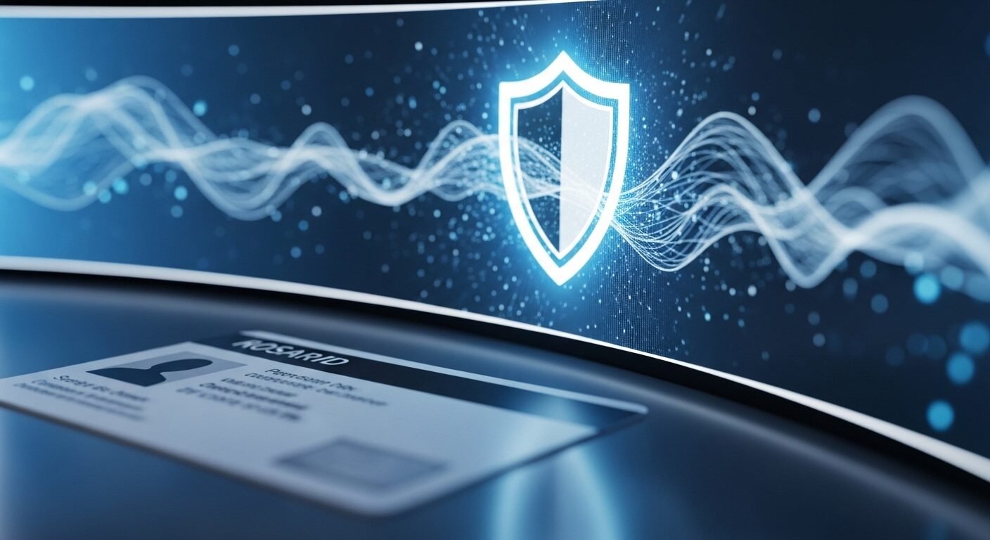 Lá chắn kỹ thuật số bảo vệ dữ liệu cá nhân trên màn hình, minh họa cách phòng tránh lừa đảo tuyển dụng và bảo mật thông tin thẻ ID.