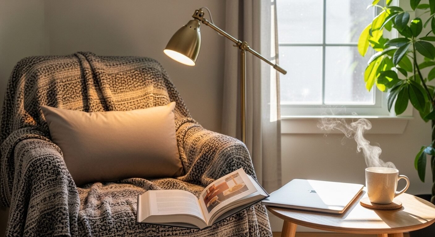 Phòng khách ấm cúng với laptop đóng, sách mở và trà thảo mộc. Thể hiện Freelancer là gì qua sự chuyển đổi êm đềm từ công việc sang thư giãn. Phòng khách ấm cúng với laptop đóng, sách mở và trà thảo mộc. Thể hiện Freelancer là gì qua sự chuyển đổi êm đềm từ công việc sang thư giãn.