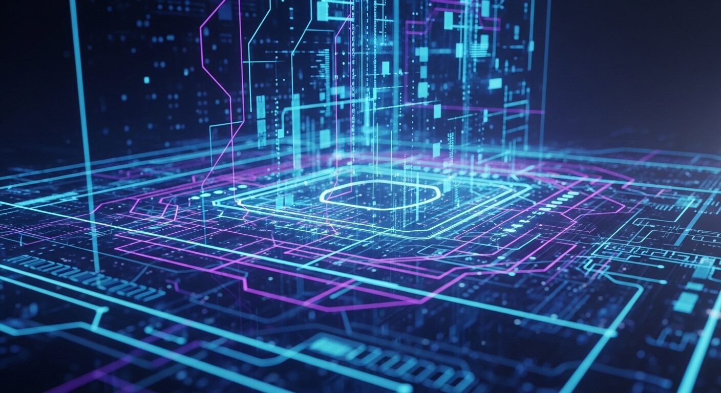 Mạng lưới kỹ thuật số phát sáng xanh tím, cấu trúc dữ liệu phức tạp và mạch điện tử hologram, thể hiện công nghệ tiên tiến cho tuyển sinh Đại học Bách khoa Hà Nội 2026.