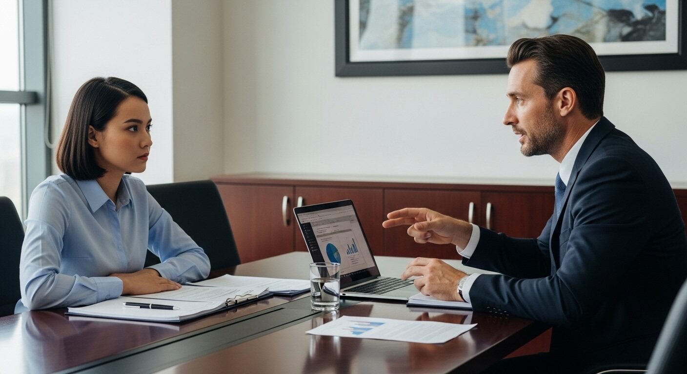 Thực tập sinh trẻ chăm chú học hỏi từ cố vấn trong buổi họp văn phòng chuyên nghiệp tại Hà Nội, một ví dụ điển hình về việc làm sinh viên Hà Nội.