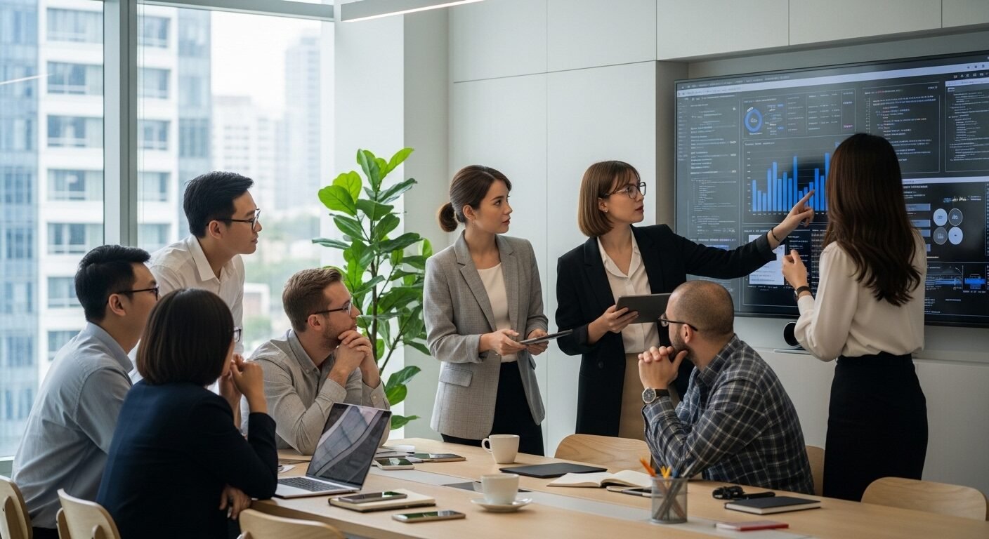 Đội ngũ chuyên gia công nghệ Việt Nam đa dạng đang thảo luận hợp tác trước màn hình lớn hiển thị biểu đồ về dữ liệu và nhu cầu nhân lực ngành công nghệ thông tin tại văn phòng hiện đại, tràn ngập ánh sáng tự nhiên.