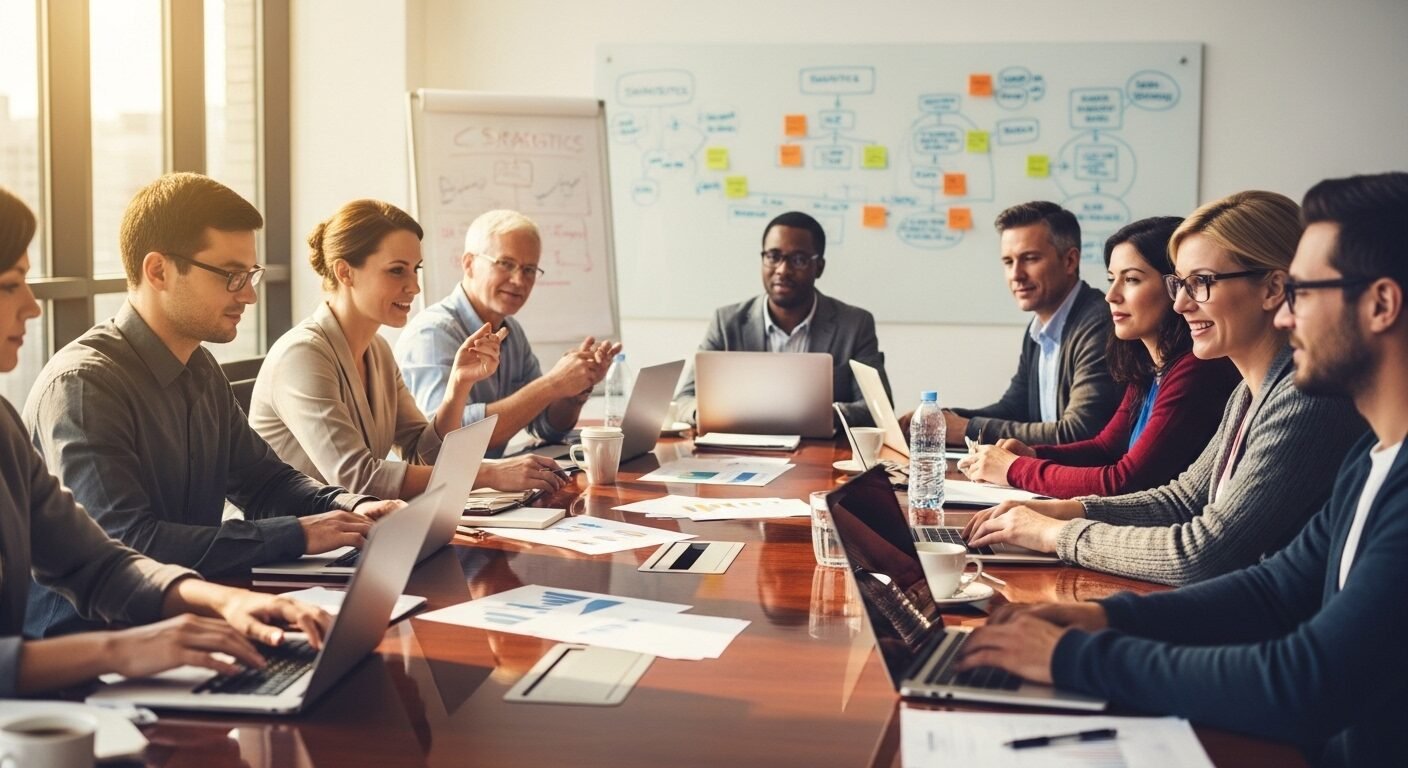 Phòng họp hiện đại, chuyên nghiệp với nhóm chuyên gia đang thảo luận. Bối cảnh lý tưởng cho các cuộc họp chiến lược về phát triển đội ngũ, bao gồm cả việc cân nhắc mức lương nhân viên Marketing mới ra trường.