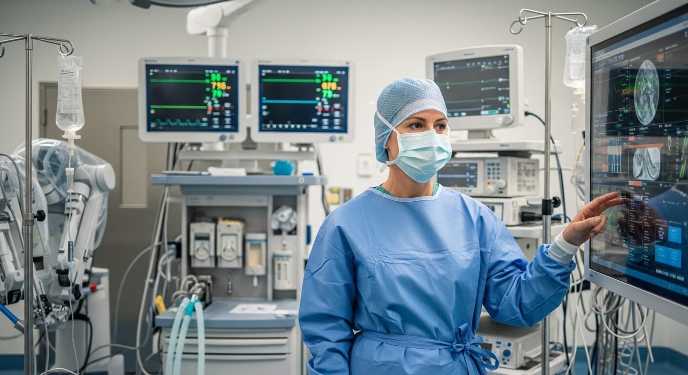 Bác sĩ phẫu thuật chuyên nghiệp xem thông tin trên màn hình trong phòng mổ hiện đại, điển hình cho ngành nghề lương cao.