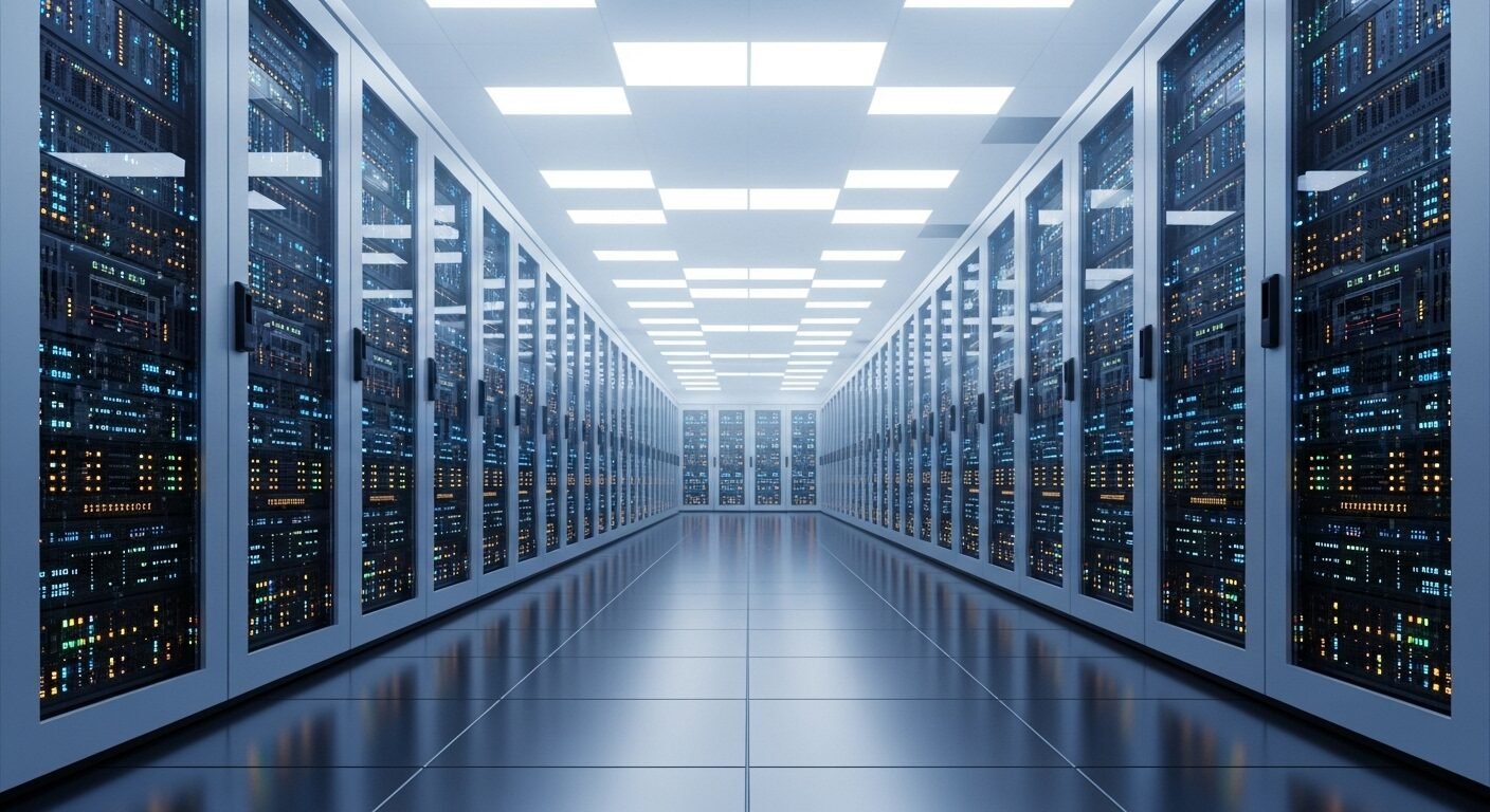 Phòng máy chủ tương lai, quy mô lớn với hàng loạt máy chủ đang xử lý dữ liệu, minh họa hạ tầng sức mạnh tính toán cho ngành Trí tuệ nhân tạo.