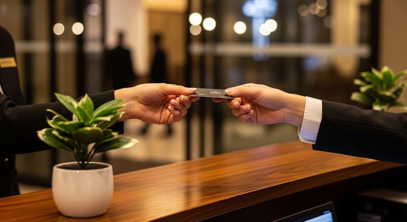 Khách nhận thẻ phòng khách sạn hiện đại từ nhân viên lễ tân chuyên nghiệp. Hình ảnh minh họa quy trình nhận phòng tiện lợi, giúp bạn dễ dàng tìm hiểu thêm về dịch vụ và check out là gì.