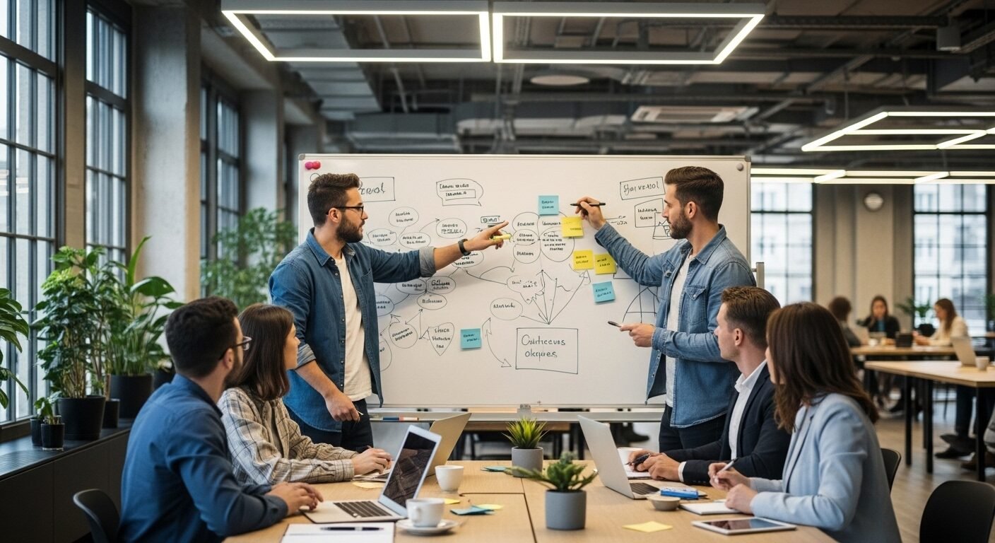 Không gian co-working hiện đại với một nhóm động não sáng tạo quanh bảng trắng và laptop, thể hiện môi trường làm việc năng động cho những cơ hội việc làm tại TP Hồ Chí Minh. Không gian co-working hiện đại với một nhóm động não sáng tạo quanh bảng trắng và laptop, thể hiện môi trường làm việc năng động cho những cơ hội việc làm tại TP Hồ Chí Minh.