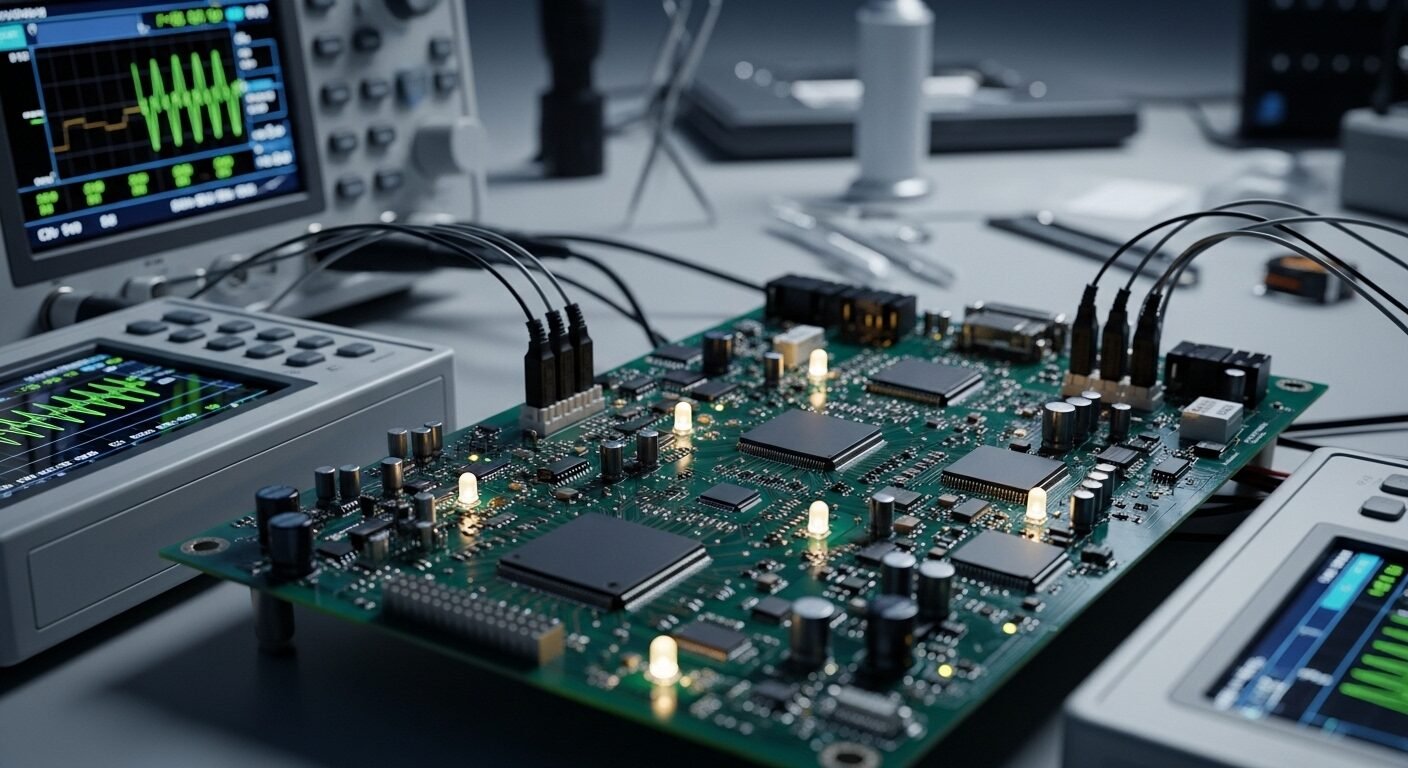 Cận cảnh bo mạch điện tử phức tạp được kiểm tra chất lượng với thiết bị chẩn đoán trong phòng lab công nghệ cao, minh họa rõ nét QA là gì QC là gì trong quy trình sản xuất.