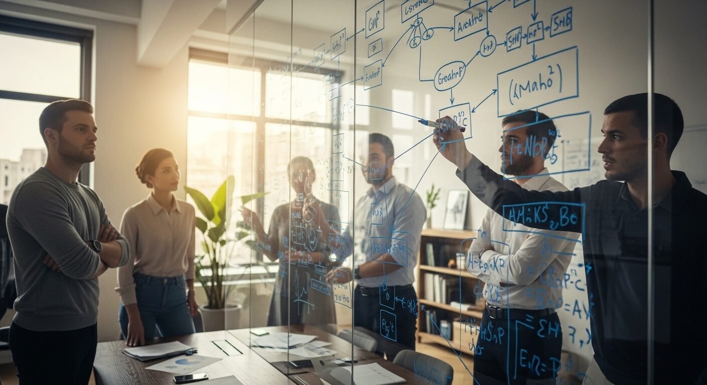 Bộ phận R&D trong doanh nghiệp đang hợp tác giải quyết vấn đề phức tạp, với bảng trắng đầy sơ đồ và ý tưởng sáng tạo trong phòng họp. Bộ phận R&D trong doanh nghiệp đang hợp tác giải quyết vấn đề phức tạp, với bảng trắng đầy sơ đồ và ý tưởng sáng tạo trong phòng họp.