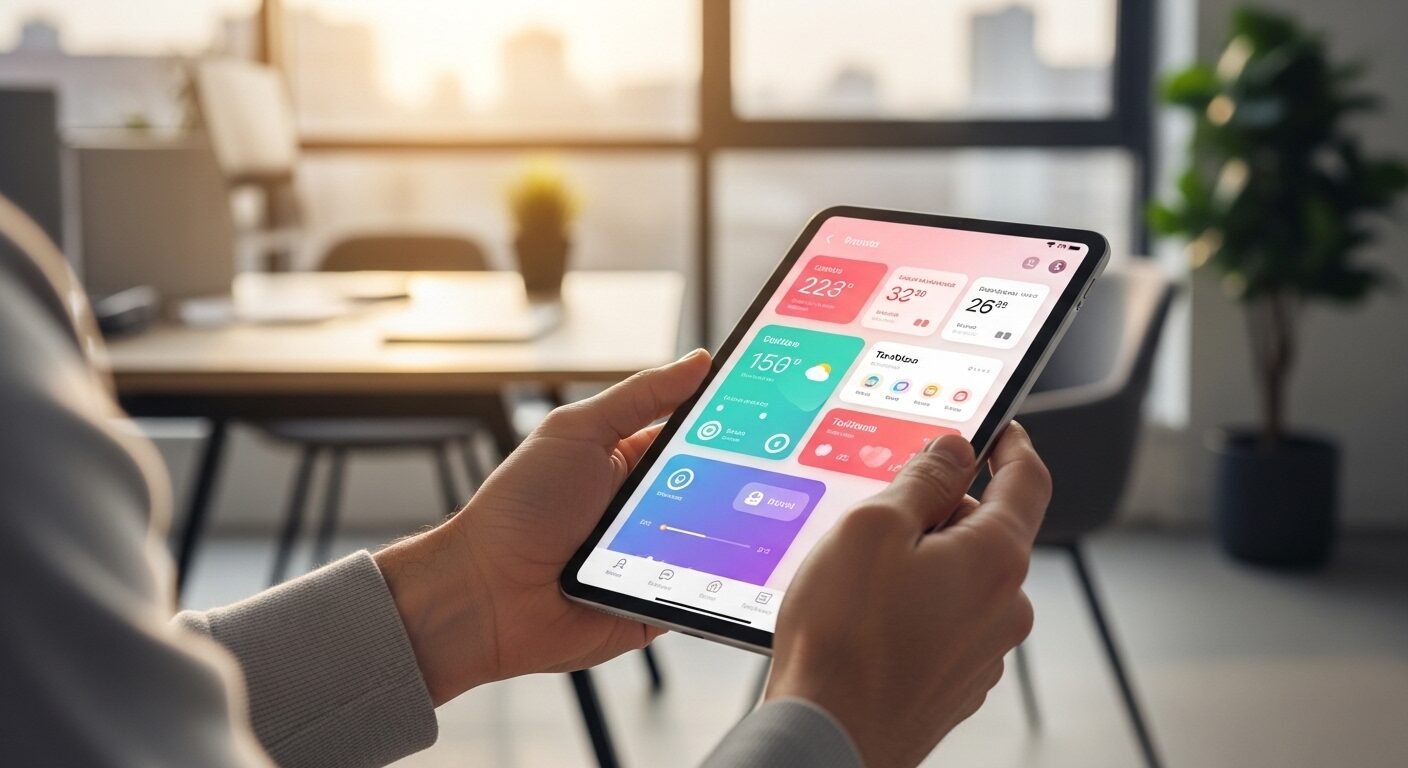 Bàn tay cầm máy tính bảng hiển thị giao diện ứng dụng di động sống động, thân thiện. Một minh họa trực quan về sản phẩm là gì trong môi trường văn phòng hiện đại, tràn ngập nắng chiều. Bàn tay cầm máy tính bảng hiển thị giao diện ứng dụng di động sống động, thân thiện. Một minh họa trực quan về sản phẩm là gì trong môi trường văn phòng hiện đại, tràn ngập nắng chiều.