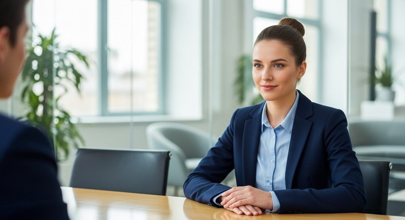 Ứng viên chuyên nghiệp với tư thế tự tin, tay đặt nhẹ trên bàn và giao tiếp bằng mắt tập trung, thể hiện kỹ năng trả lời phỏng vấn xin việc xuất sắc trong không gian văn phòng hiện đại. Ứng viên chuyên nghiệp với tư thế tự tin, tay đặt nhẹ trên bàn và giao tiếp bằng mắt tập trung, thể hiện kỹ năng trả lời phỏng vấn xin việc xuất sắc trong không gian văn phòng hiện đại.