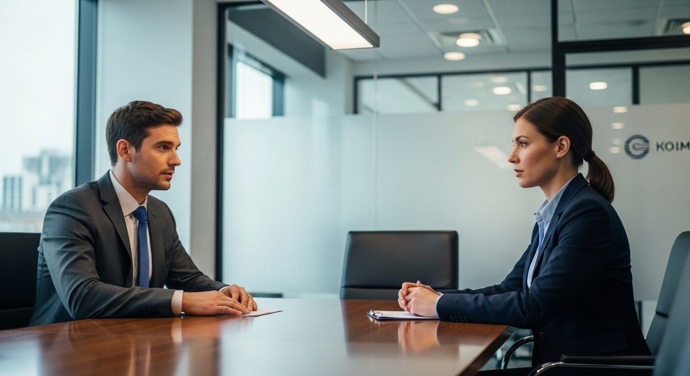 Ứng viên thể hiện Kỹ năng trả lời phỏng vấn xin việc trong buổi phỏng vấn chuyên nghiệp tại văn phòng hiện đại.