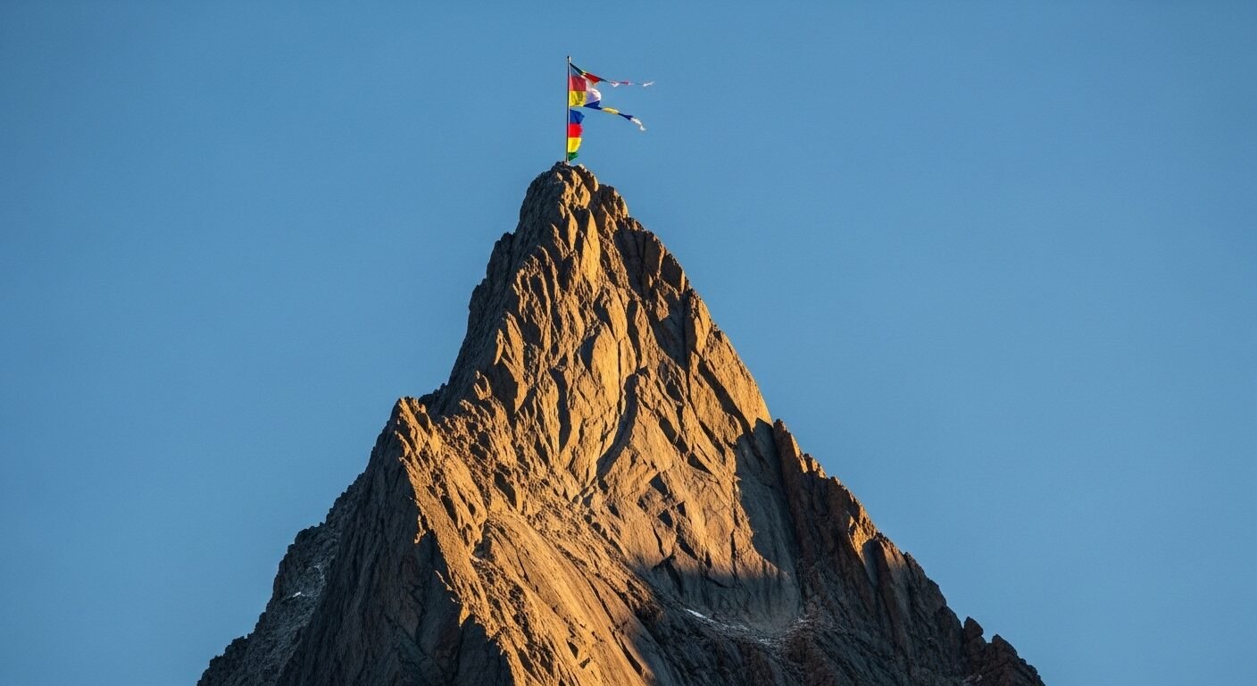 Đỉnh núi hùng vĩ cắm cờ phấp phới dưới nắng sớm, biểu tượng cho định hướng nghề nghiệp rõ ràng và thành công, như biết cách trả lời phỏng vấn định hướng nghề nghiệp hiệu quả.