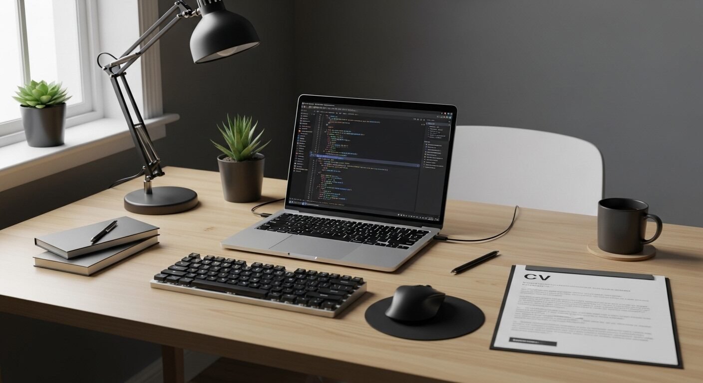 Mẫu CV lập trình viên chuyên nghiệp với thiết kế hiện đại, nổi bật giữa chồng hồ sơ truyền thống trên bàn gỗ tối màu.