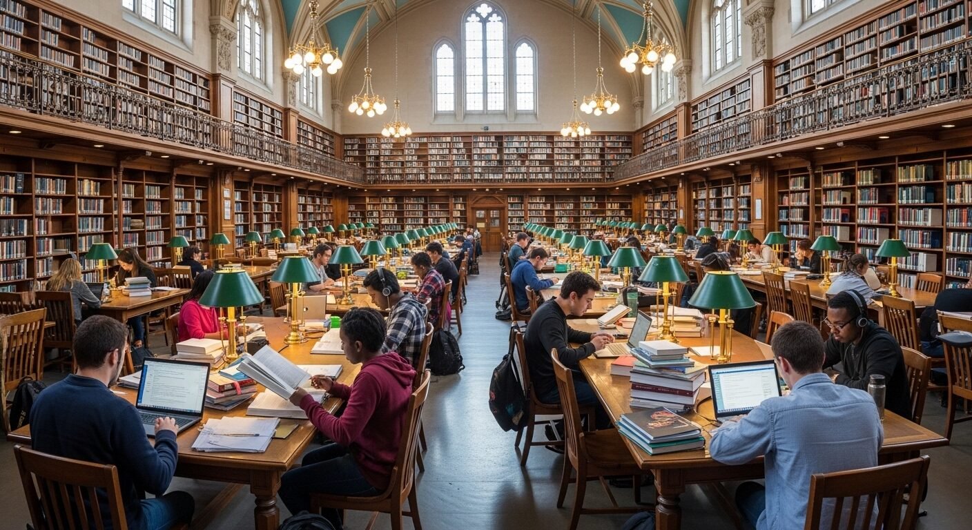 Thư viện đại học rộng lớn với nhiều sinh viên đang chăm chú học tập cùng sách và laptop, tích lũy kiến thức để định hướng sự nghiệp và tìm hiểu học kinh tế ra làm gì.