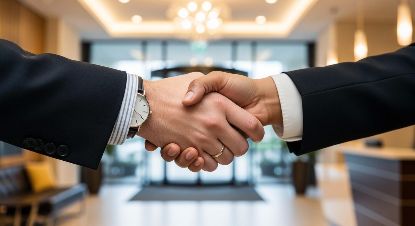 Ảnh cận cảnh hai bàn tay bắt tay chuyên nghiệp tại sảnh văn phòng, thể hiện sự tự tin và tôn trọng khi giới thiệu bản thân khi phỏng vấn.