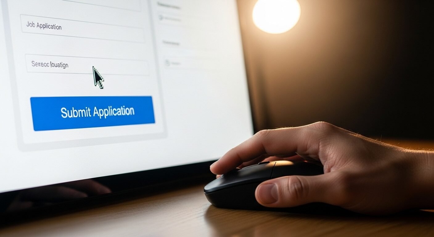 Tay đặt chuột trên giao diện nộp hồ sơ xin việc trực tuyến hiện đại, sẵn sàng bấm gửi sau khi đã hoàn thiện đầy đủ các yếu tố của hồ sơ xin việc gồm những gì.