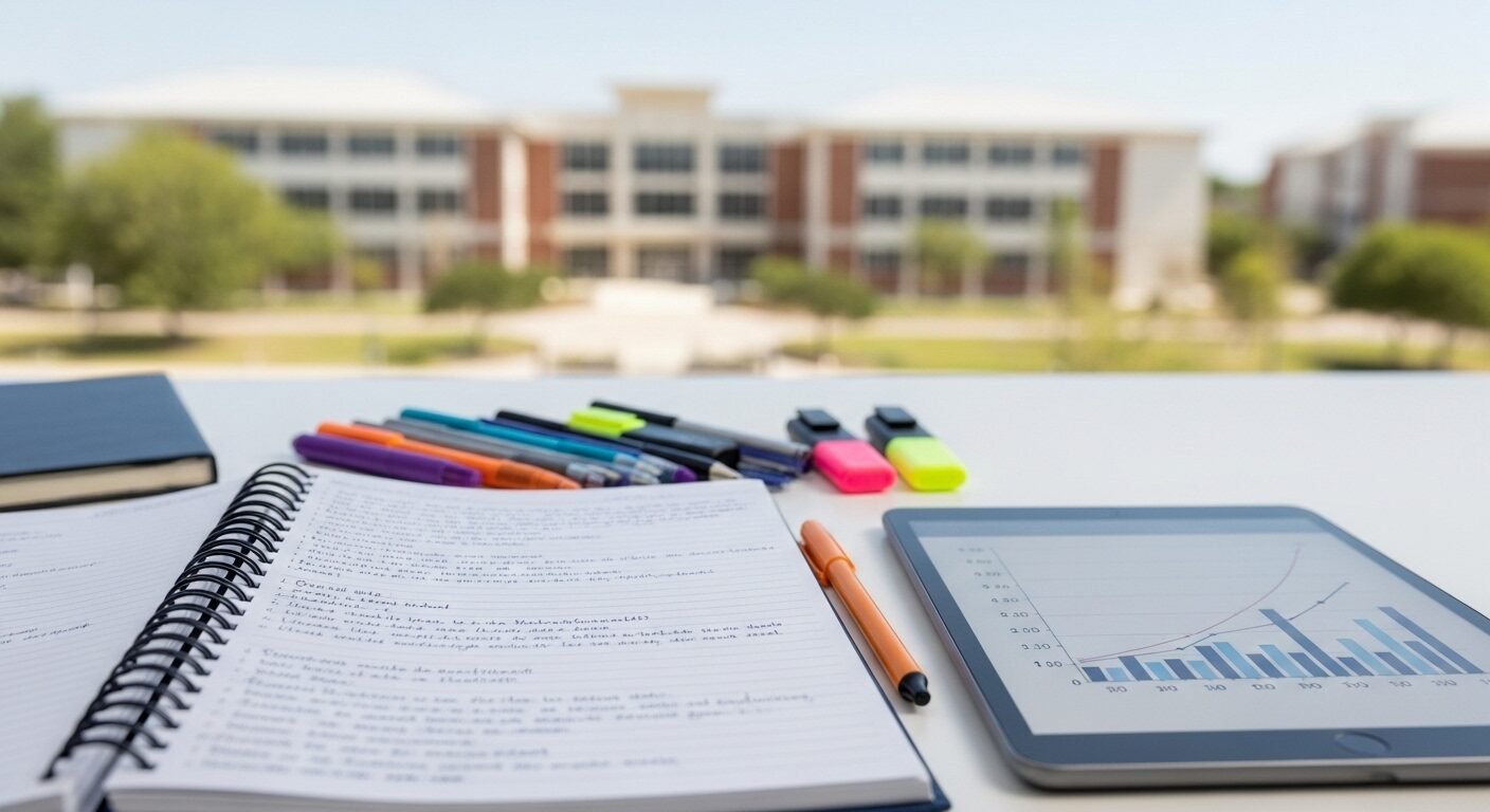 Bàn học ngăn nắp của sinh viên khoa học kỹ thuật với sổ ghi chép, bút màu, máy tính bảng hiển thị đồ thị khoa học, thể hiện tinh thần học tập cần cù. Đây là nền tảng vững chắc, đặc biệt trong bối cảnh cân nhắc bỏ tuyển thẳng khoa học kỹ thuật.