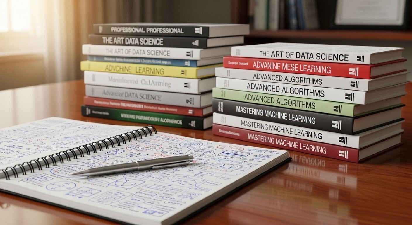 Bàn làm việc gọn gàng với sách chuyên ngành và sổ ghi chú chi tiết, phản ánh quá trình học tập nghiêm túc để chuẩn bị, đặc biệt về những điều không nên nói khi phỏng vấn.