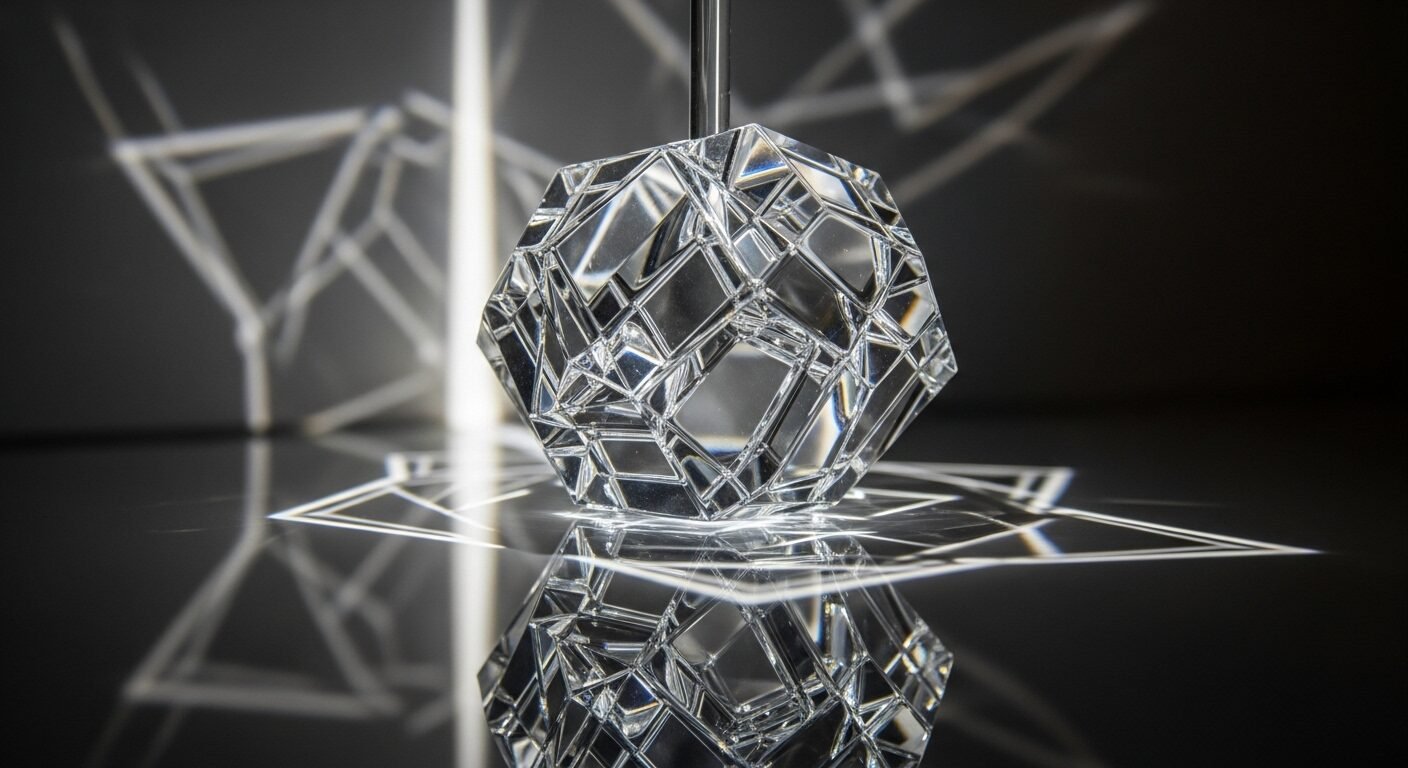 Điêu khắc kính hình khối trong suốt, ánh sáng tạo bóng tinh xảo, tượng trưng cho sự minh bạch, rõ ràng khi phỏng vấn, giúp nhận diện 