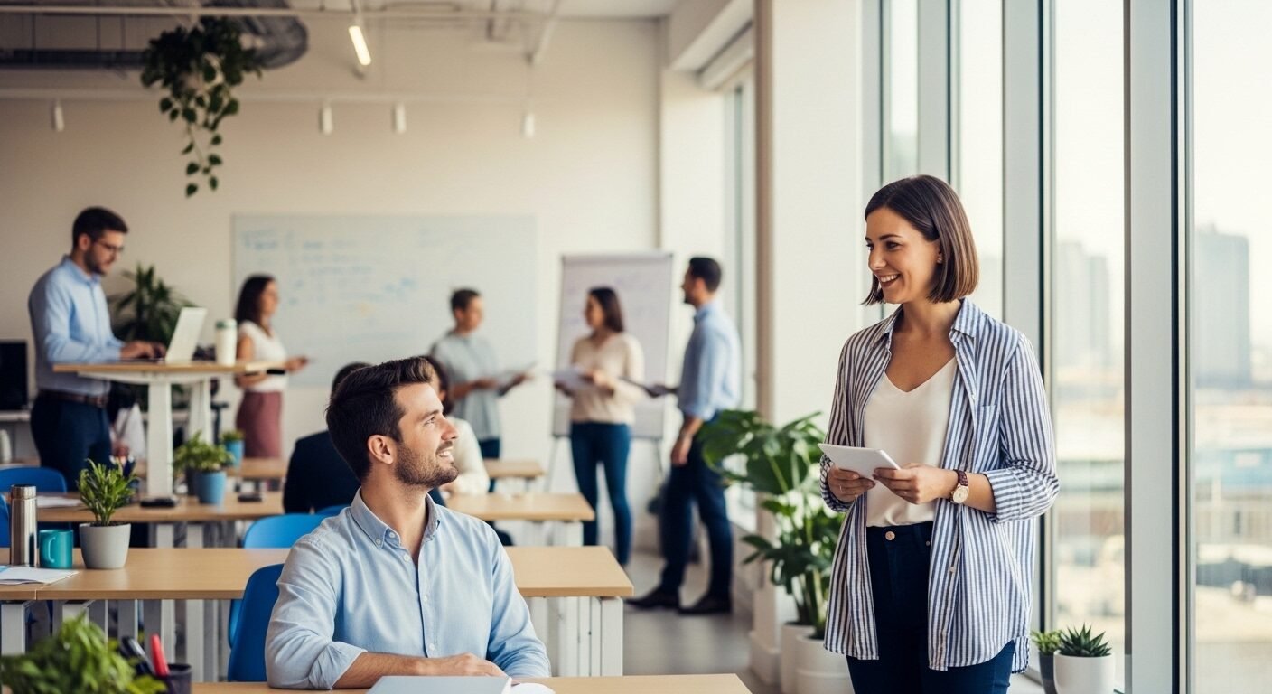 Hai chuyên gia đang trao đổi tại không gian làm việc chung hiện đại, thúc đẩy kết nối và tìm việc làm uy tín.