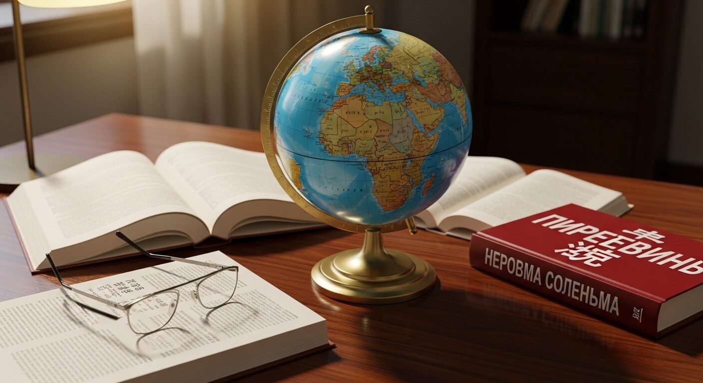 Bàn học gỗ tối màu với quả địa cầu, nhiều sách ngôn ngữ quốc tế mở và kính đọc sách, khung cảnh lý tưởng cho việc chuẩn bị Tuyển sinh Đại học Ngoại ngữ 2026.