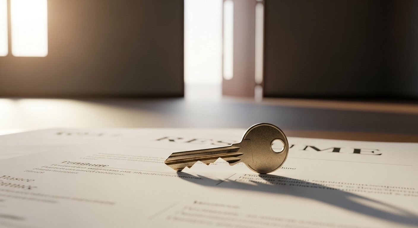 Chìa khóa vàng trên CV chuyên nghiệp trước cửa văn phòng mở, minh họa cách tạo CV ấn tượng để nắm bắt cơ hội. Chìa khóa vàng trên CV chuyên nghiệp trước cửa văn phòng mở, minh họa cách tạo CV ấn tượng để nắm bắt cơ hội.