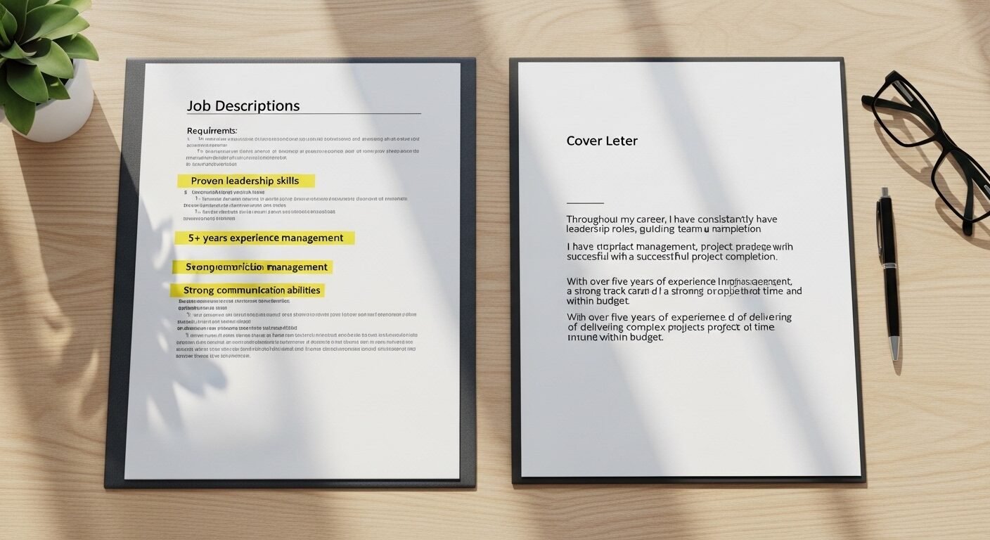 Mô tả công việc và Cover Letter được cá nhân hóa trên bàn làm việc, minh họa Cách viết Cover Letter hiệu quả bằng cách khớp kinh nghiệm với yêu cầu tuyển dụng.
