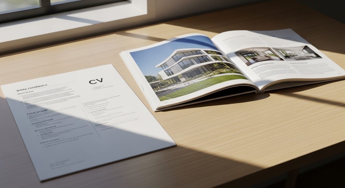Ảnh cận cảnh CV và Portfolio đặt cạnh nhau trên bàn làm việc, thể hiện một CV tập trung văn bản bên cạnh một Portfolio mở đầy hình ảnh dự án phong phú, minh họa hai phong cách trình bày chuyên nghiệp khác biệt. Ảnh cận cảnh CV và Portfolio đặt cạnh nhau trên bàn làm việc, thể hiện một CV tập trung văn bản bên cạnh một Portfolio mở đầy hình ảnh dự án phong phú, minh họa hai phong cách trình bày chuyên nghiệp khác biệt.