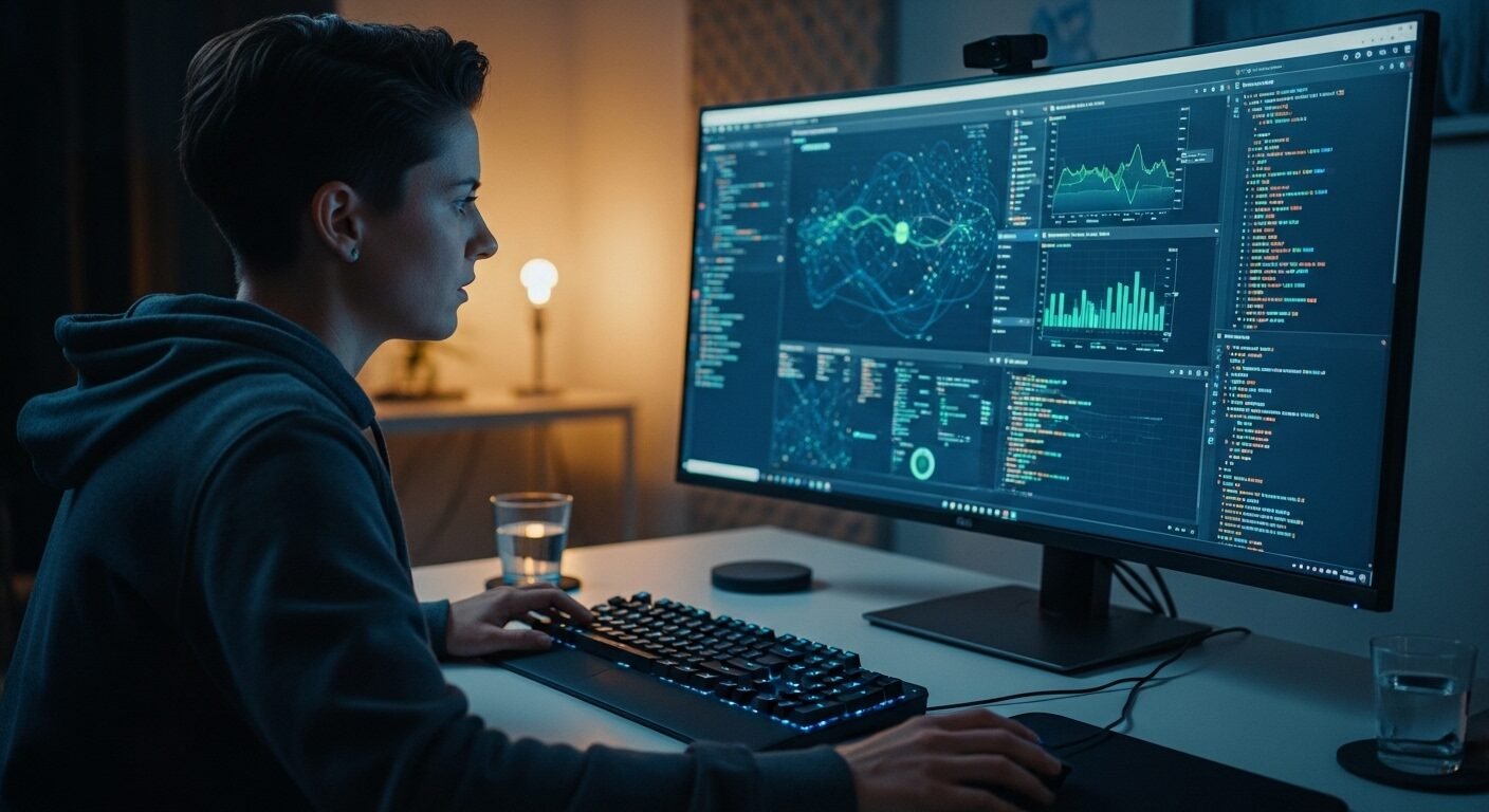 Chuyên gia công nghệ tập trung làm việc với dữ liệu và code trên màn hình lớn trong không gian hiện đại, thể hiện rõ Ready-to-work là gì trong môi trường công nghệ cao. Chuyên gia công nghệ tập trung làm việc với dữ liệu và code trên màn hình lớn trong không gian hiện đại, thể hiện rõ Ready-to-work là gì trong môi trường công nghệ cao.