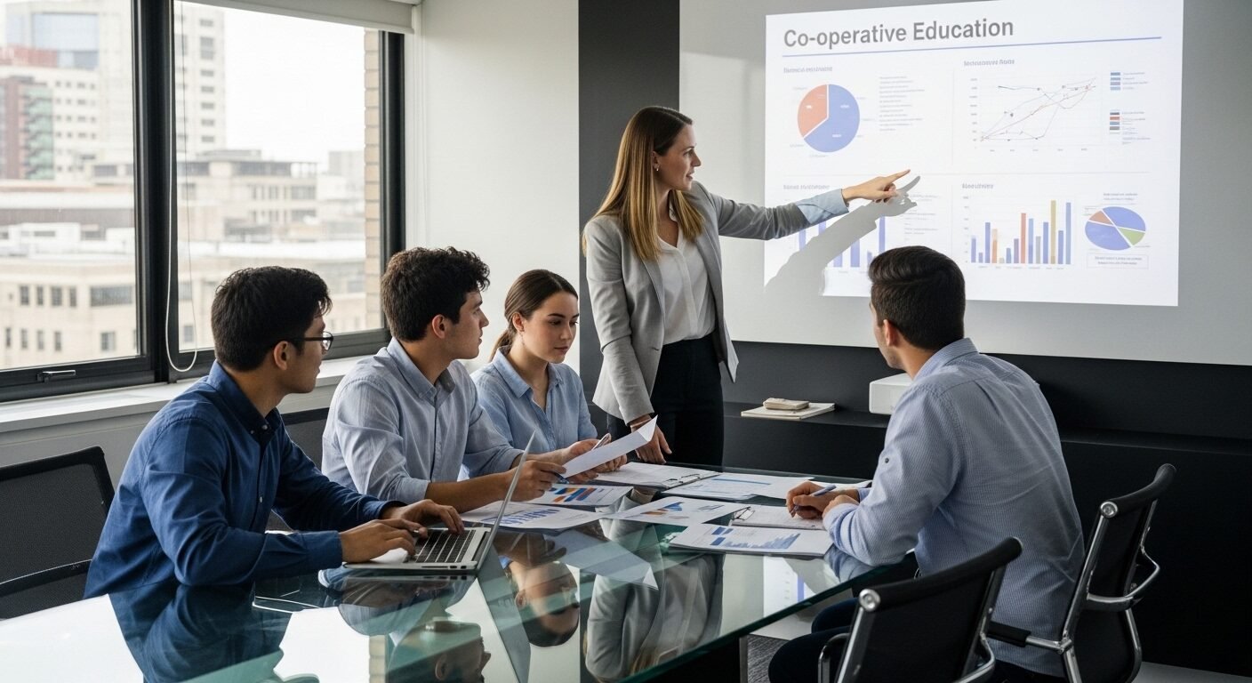 Sinh viên và cố vấn chuyên nghiệp thảo luận sôi nổi dự án kinh doanh trong môi trường văn phòng hiện đại, minh họa chương trình giáo dục hợp tác (Co-operative Education) thực tiễn – một điểm nhấn trong phương án tuyển sinh ĐH Kinh tế Luật.