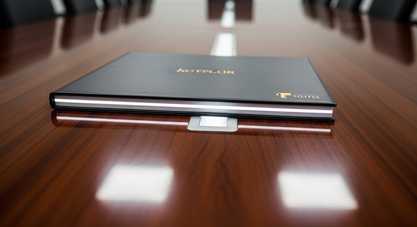 Một Portfolio pháp lý bằng da đen sang trọng đặt nổi bật trên bàn hội nghị gỗ bóng loáng, phía sau là các tài liệu mờ ảo.