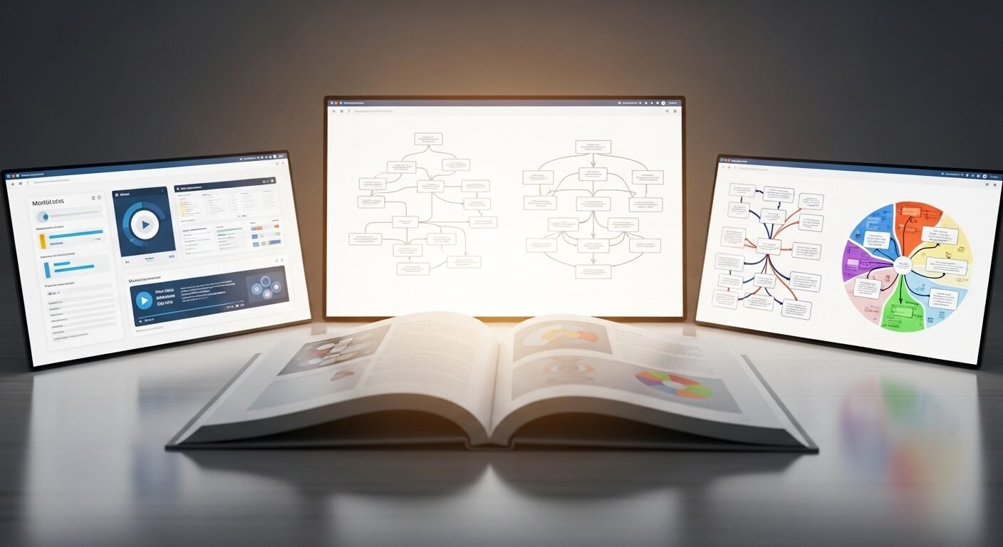 Môi trường học tập hiện đại với sách giáo trình và màn hình kỹ thuật số phát sáng hiển thị bài giảng, minh họa việc không ngừng trau dồi kỹ năng không bị sa thải trong thời đại số.