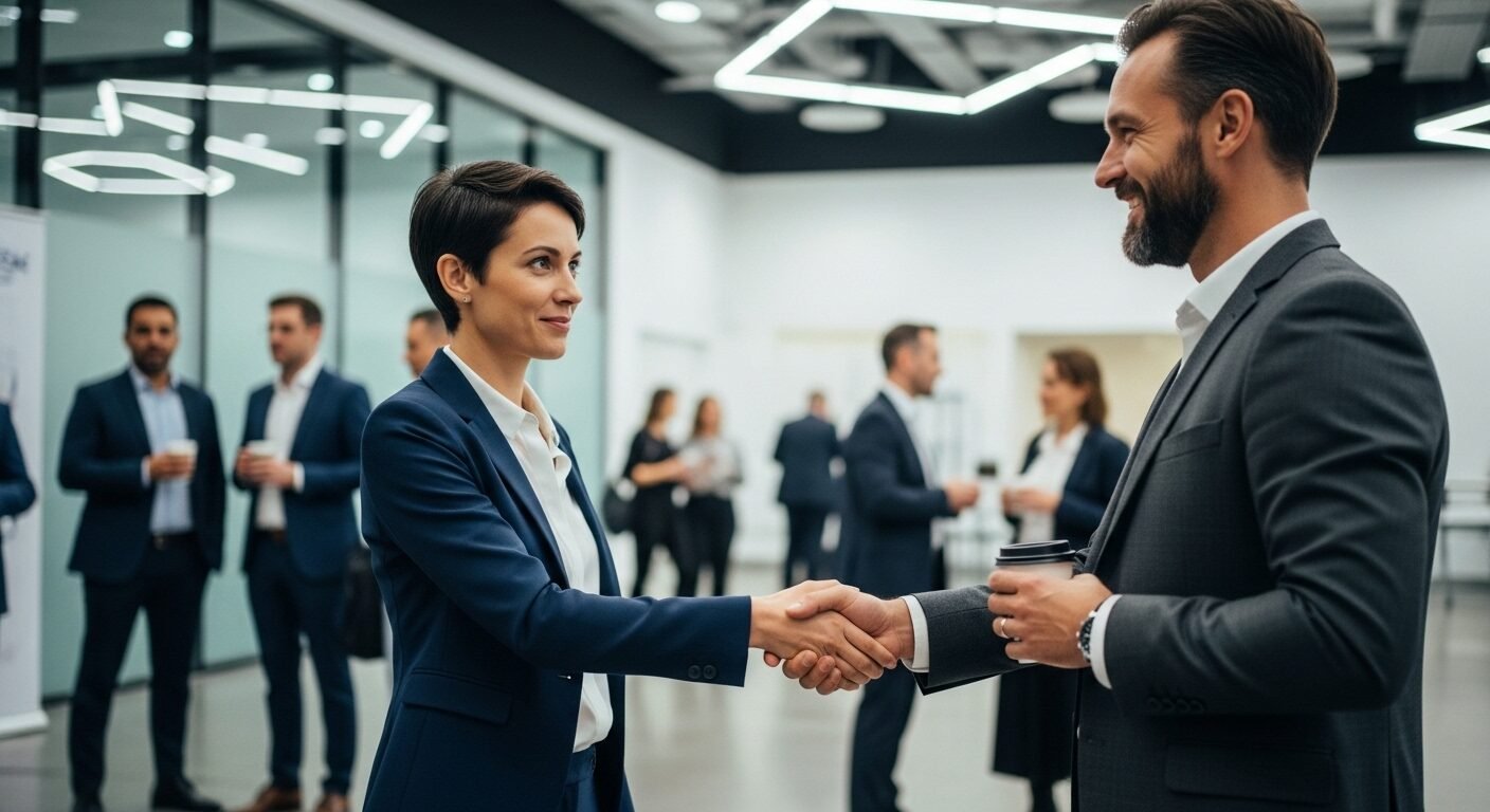 Hai chuyên gia bắt tay và thảo luận tại sự kiện kết nối chuyên nghiệp, chia sẻ kinh nghiệm để tránh lý do không được gọi phỏng vấn và mở rộng cơ hội nghề nghiệp.