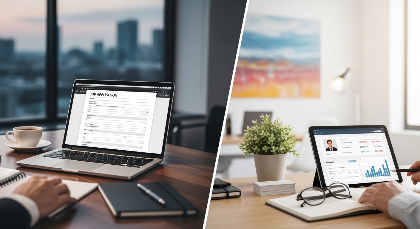 một bên là ứng viên điền đơn trên laptop, bên còn lại là chuyên gia HR đang xem xét hồ sơ và ngân sách trên tablet. Hình ảnh làm nổi bật tầm quan trọng của việc ghi lương trong CV trong quá trình tuyển dụng và đánh giá ngân sách.