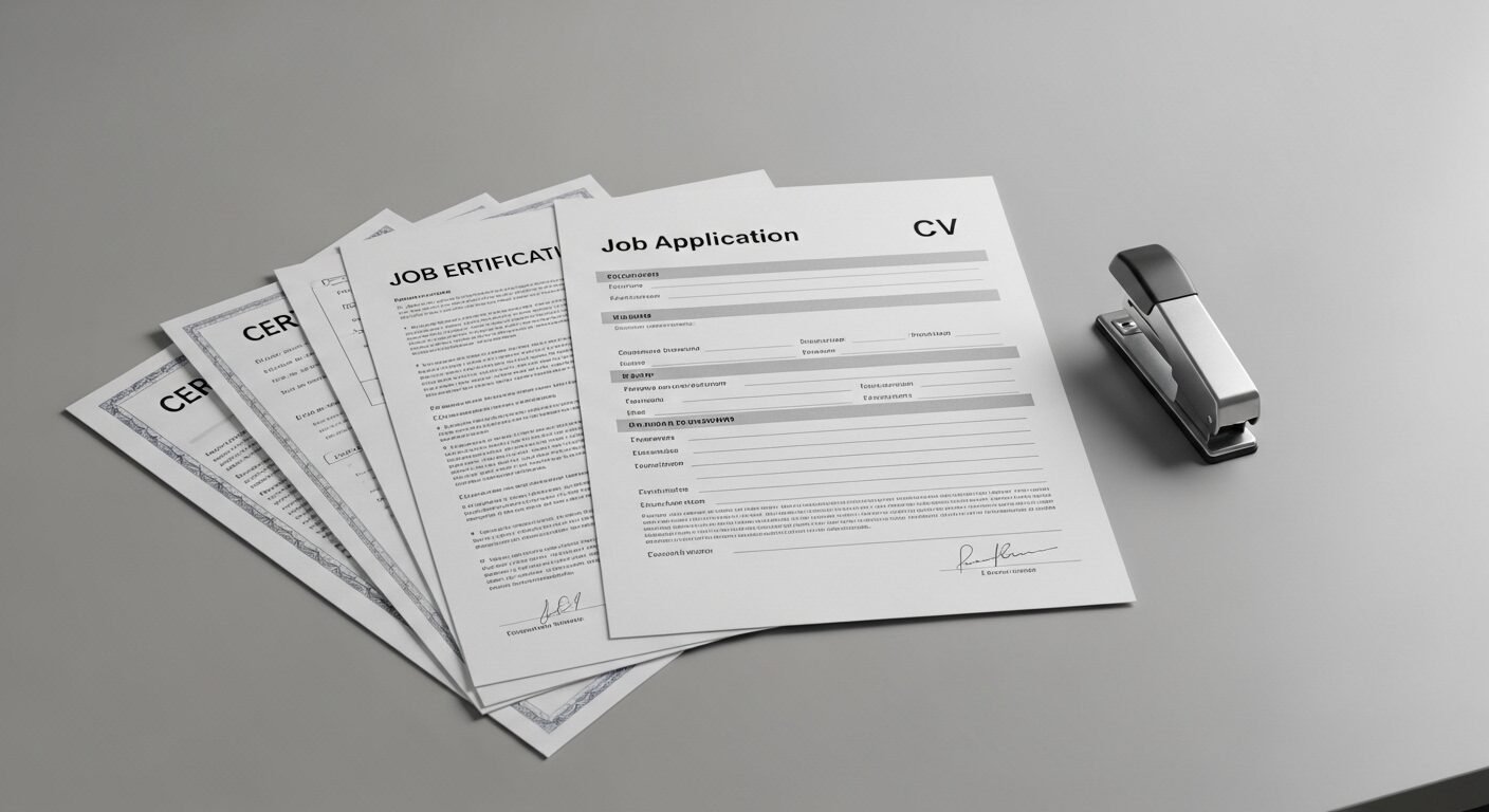 Các tài liệu chuyên nghiệp bao gồm đơn xin việc, CV và chứng chỉ được sắp xếp gọn gàng trên bàn, minh họa sự chuẩn bị kỹ lưỡng theo hướng dẫn điền đơn xin việc.