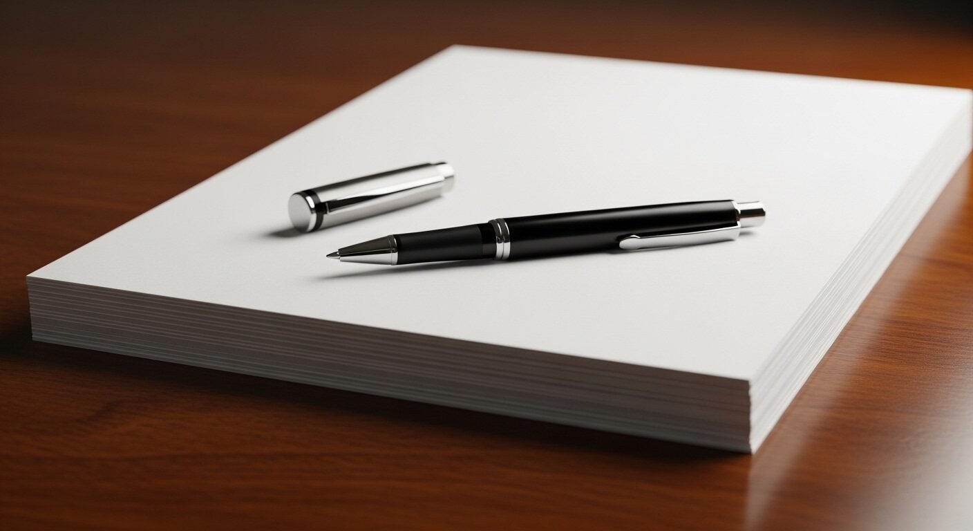 Chồng giấy trắng sạch và bút mực chuyên nghiệp trên bàn gỗ, gợi lên lựa chọn sơ yếu lý lịch viết tay hay đánh máy.