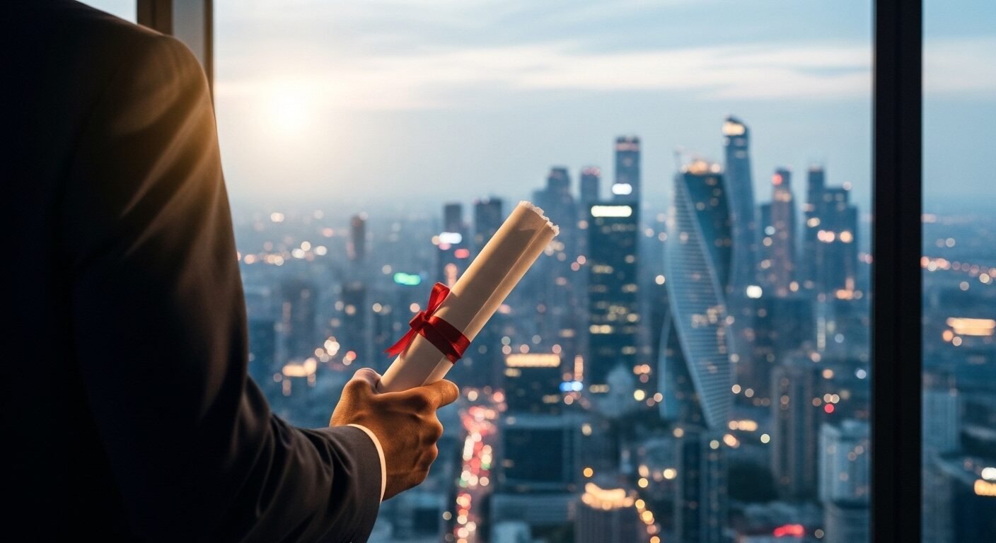 Người tốt nghiệp cầm bằng đứng trong văn phòng cao tầng, nhìn ra thành phố hiện đại về đêm. Hình ảnh tượng trưng cho thành công và tương lai tươi sáng sau khi đầu tư vào giáo dục chất lượng, có thể từ một trong top 10 trường đại học đắt đỏ nhất Việt Nam.